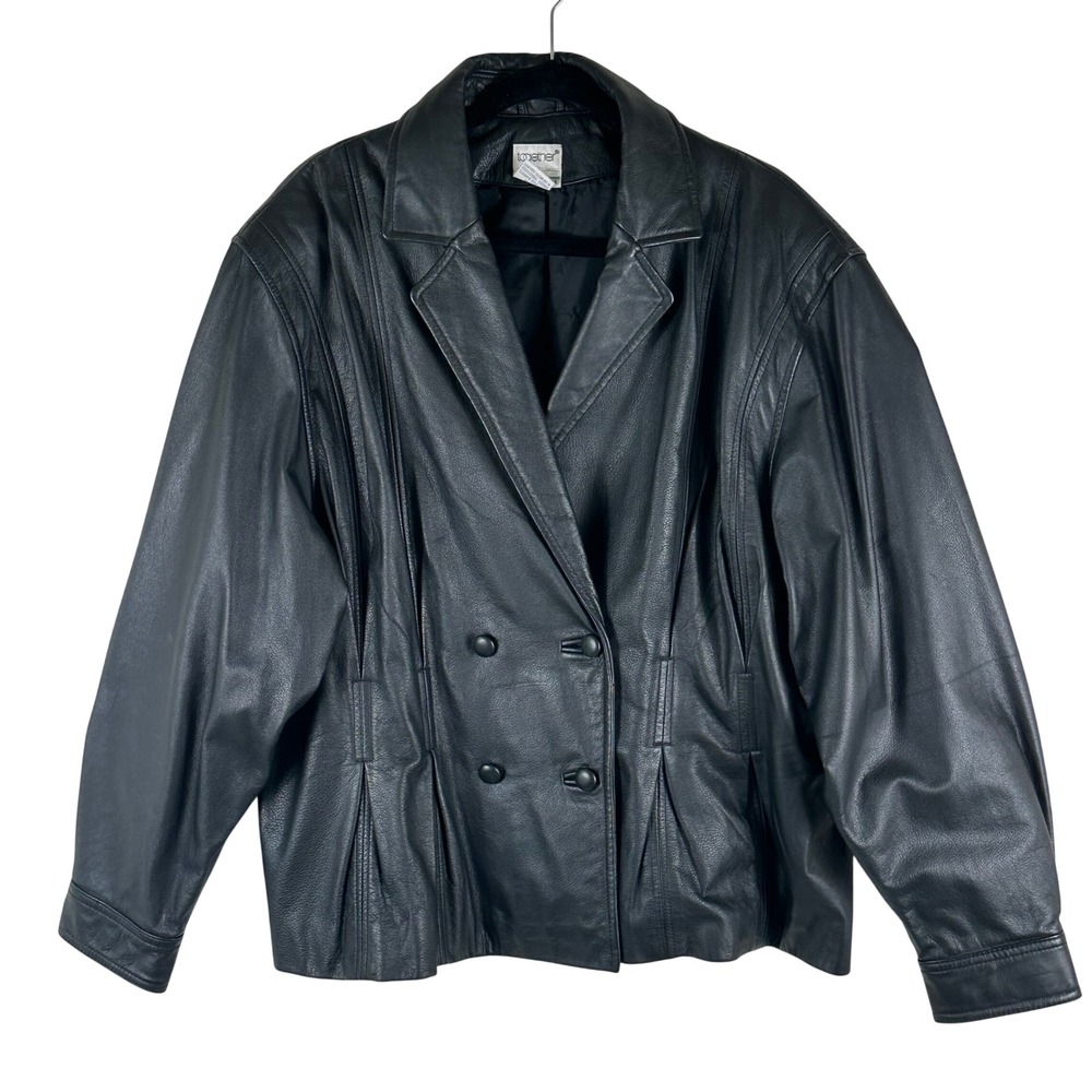 Vintage Together Leather Jacket Women 3X Black Double Breasted Pleated Waist 90s